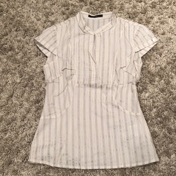 Gold/white striped shirt sleeve blouse Vero Mods, M, V neck - Picture 1 of 10